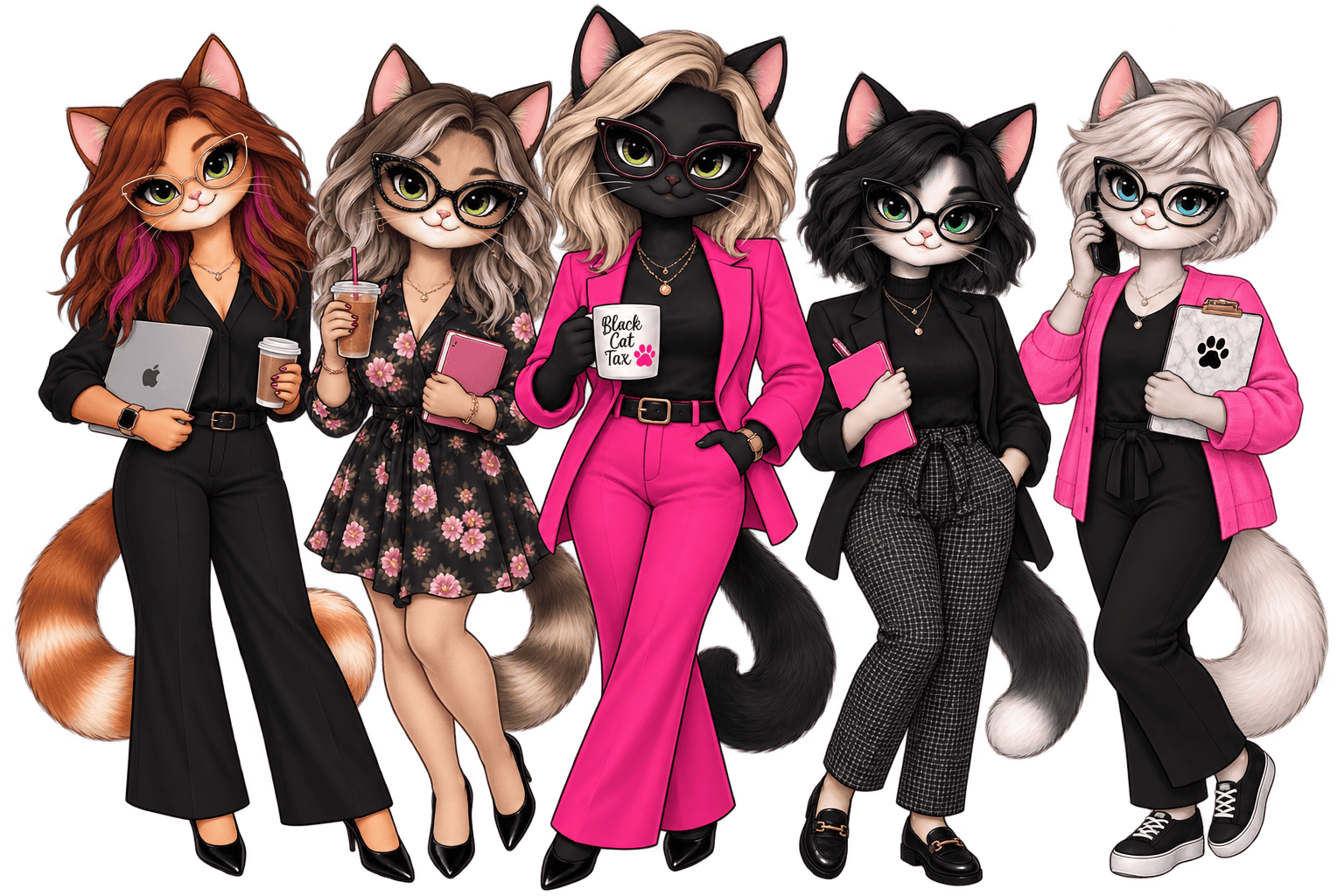 Five anthropomorphic cats in business attire stand in a row, each holding office items like laptops, notebooks, coffee, and a phone; they wear glasses and fashionable outfits.